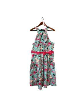 Retro Lindy Bop Teal Flamingo Halter Neck Dress Pink Rockabilly 50’s UK 20 US 16